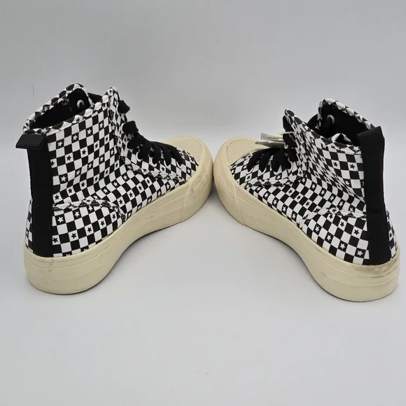 Zara Lace-Up High-Top Canvas Sneakers, Black/White Checkered pattern with stars - Picture 9 of 15